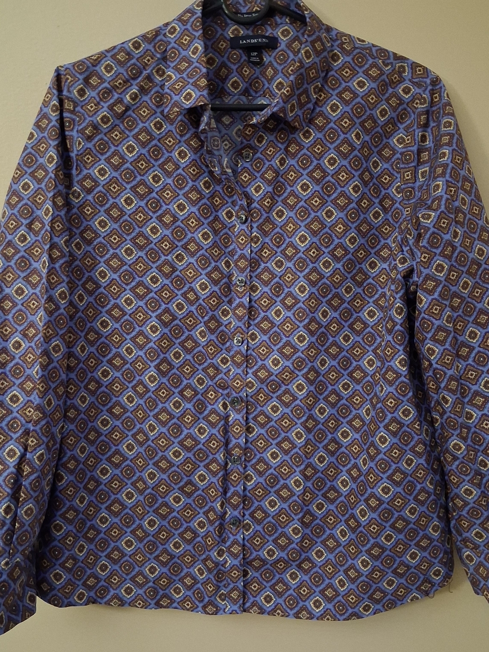 Lands End Womens 12P‎ Purple Geometric No Iron Supima Cotton Button Down Shirt